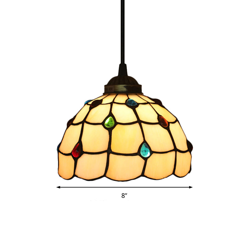 Stained Glass Beige Pendant Lamp Beaded 1 Bulb Tiffany Hanging Light Kit for Study, 8