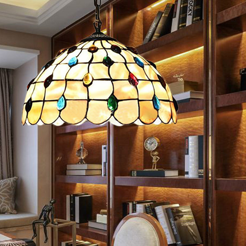 Stained Glass Beige Pendant Lamp Beaded 1 Bulb Tiffany Hanging Light Kit for Study, 8