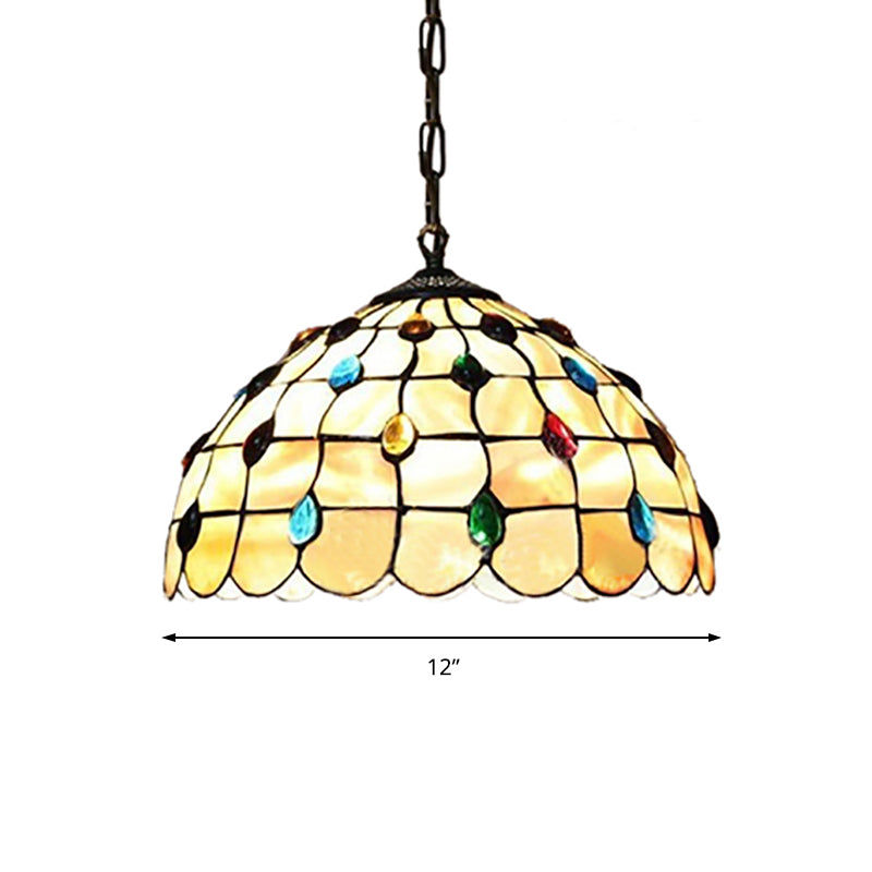 Stained Glass Beige Pendant Lamp Beaded 1 Bulb Tiffany Hanging Light Kit for Study, 8