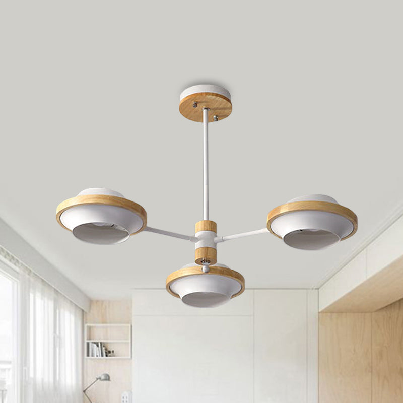 White UFO Ceiling Light Minimalist 3/6 Bulbs Iron Semi Flush Mount with Round Wooden Frame 3 White Clearhalo 'Ceiling Lights' 'Close To Ceiling Lights' 'Close to ceiling' 'Semi-flushmount' Lighting' 1795933