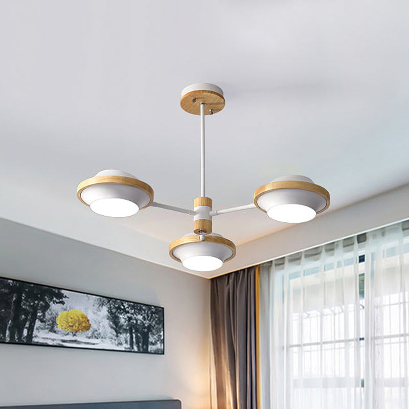 White UFO Ceiling Light Minimalist 3/6 Bulbs Iron Semi Flush Mount with Round Wooden Frame Clearhalo 'Ceiling Lights' 'Close To Ceiling Lights' 'Close to ceiling' 'Semi-flushmount' Lighting' 1795934