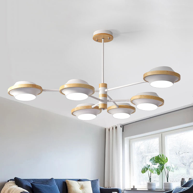 White UFO Ceiling Light Minimalist 3/6 Bulbs Iron Semi Flush Mount with Round Wooden Frame 6 White Clearhalo 'Ceiling Lights' 'Close To Ceiling Lights' 'Close to ceiling' 'Semi-flushmount' Lighting' 1795938