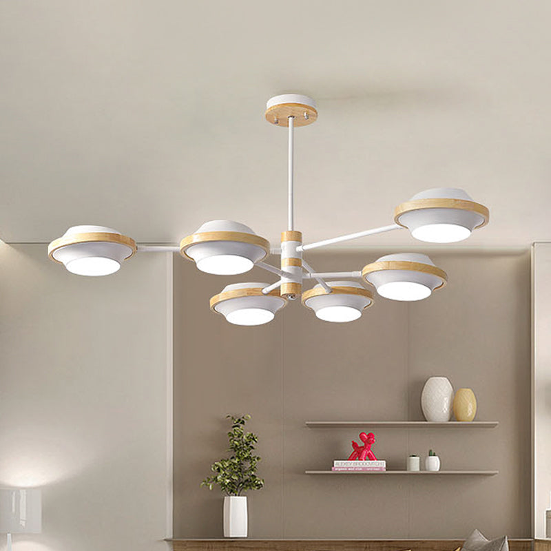 White UFO Ceiling Light Minimalist 3/6 Bulbs Iron Semi Flush Mount with Round Wooden Frame Clearhalo 'Ceiling Lights' 'Close To Ceiling Lights' 'Close to ceiling' 'Semi-flushmount' Lighting' 1795939