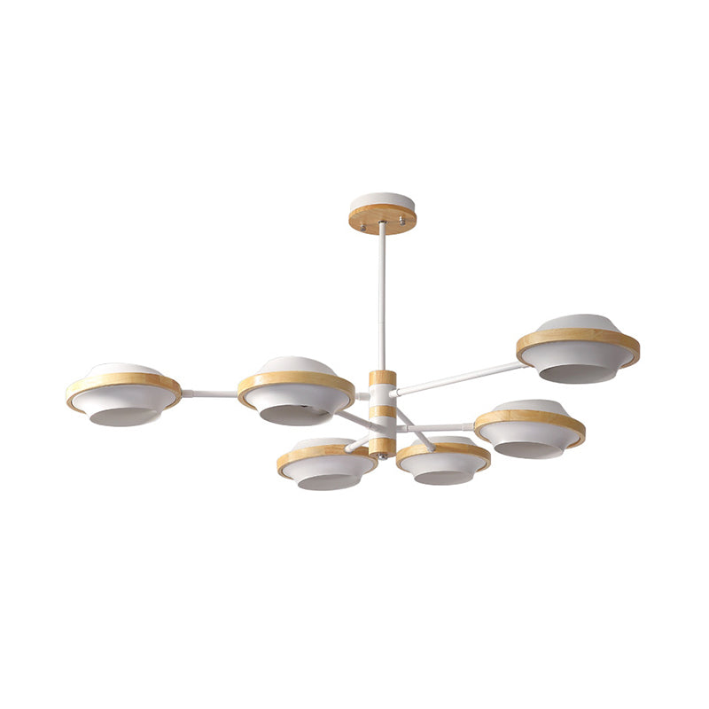 White UFO Ceiling Light Minimalist 3/6 Bulbs Iron Semi Flush Mount with Round Wooden Frame Clearhalo 'Ceiling Lights' 'Close To Ceiling Lights' 'Close to ceiling' 'Semi-flushmount' Lighting' 1795941