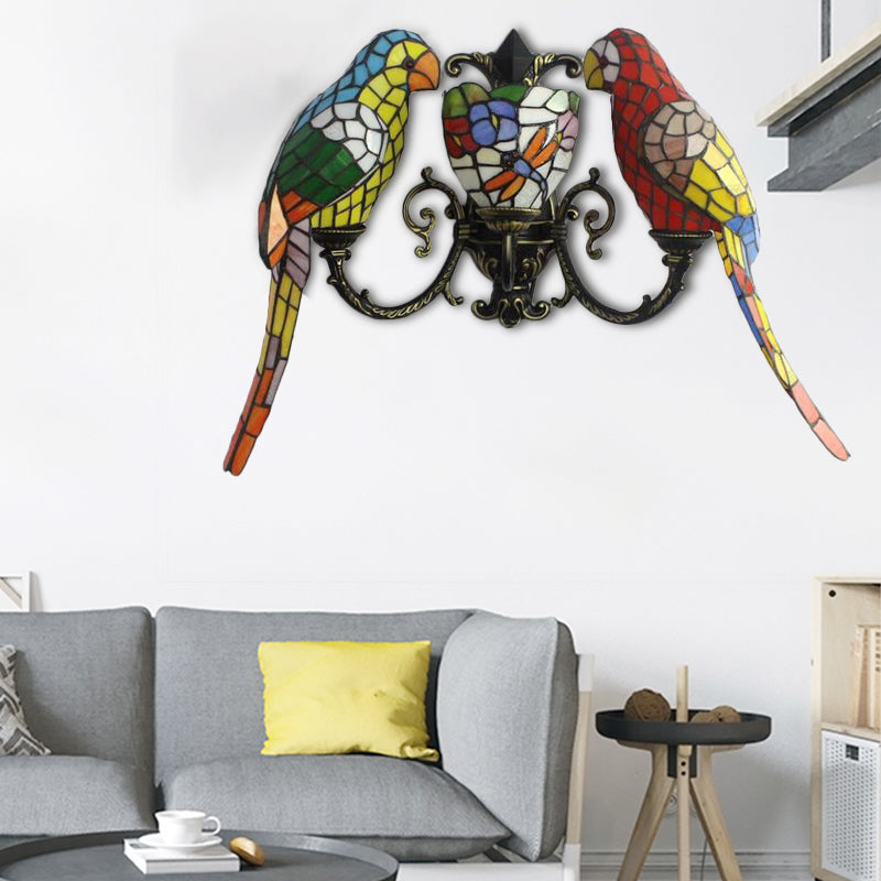 Petal and Butterfly Wall Sconce with Parrot 3 Heads Tiffany Stained Glass Wall Lamp for Study Room Antique Brass Clearhalo 'Industrial' 'Middle century wall lights' 'Tiffany wall lights' 'Tiffany' 'Wall Lamps & Sconces' 'Wall Lights' Lighting' 179639