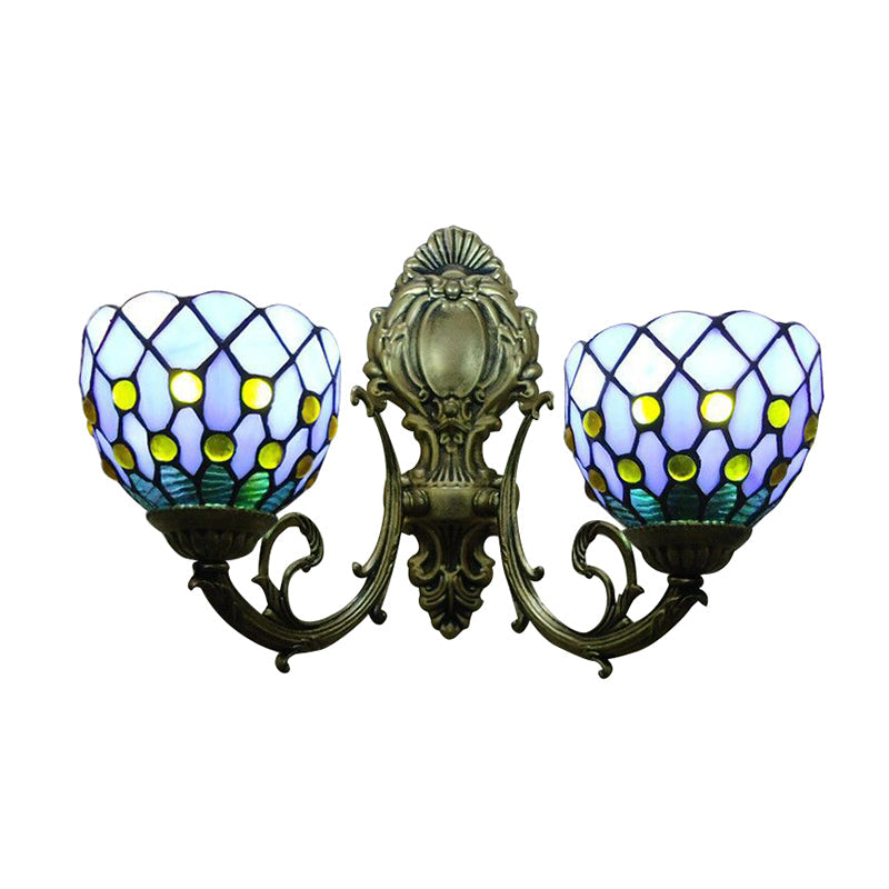 Blue Lattice Domed Wall Scone Two Lights Classic Tiffany Stained Glass Wall Light for Bar Clearhalo 'Industrial' 'Middle century wall lights' 'Tiffany wall lights' 'Tiffany' 'Wall Lamps & Sconces' 'Wall Lights' Lighting' 179685