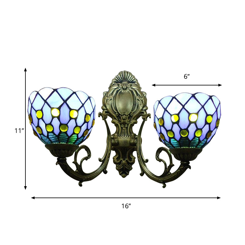 Blue Lattice Domed Wall Scone Two Lights Classic Tiffany Stained Glass Wall Light for Bar Clearhalo 'Industrial' 'Middle century wall lights' 'Tiffany wall lights' 'Tiffany' 'Wall Lamps & Sconces' 'Wall Lights' Lighting' 179686