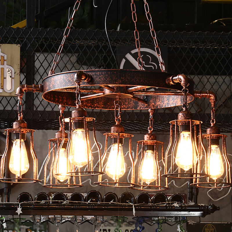 Dark Rust 7 Lights Pendant Light Farmhouse Wrought Iron Bell Cage Hanging Chandelier Lamp with Wheel Design Rust Clearhalo 'Cast Iron' 'Ceiling Lights' 'Chandeliers' 'Industrial Chandeliers' 'Industrial' 'Metal' 'Middle Century Chandeliers' 'Rustic Chandeliers' 'Tiffany' Lighting' 1796937