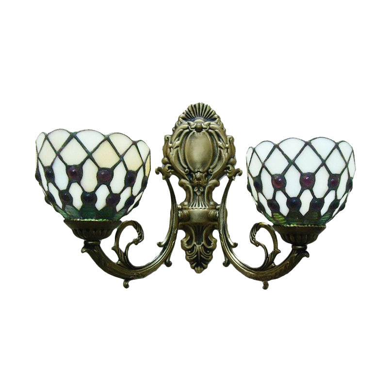 2-Bulb Lattice Bowl Wall Sconce Tiffany Traditional Wall Lamp in Blue/Beige for Bathroom Clearhalo 'Industrial' 'Middle century wall lights' 'Tiffany wall lights' 'Tiffany' 'Wall Lamps & Sconces' 'Wall Lights' Lighting' 179694