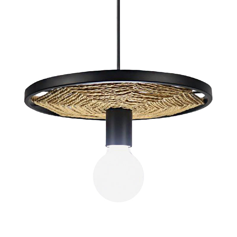 1 Light Round Pendant Light with Wheel Lodge Style Black Metallic and Rope Hanging Lamp for Dining Room Clearhalo 'Ceiling Lights' 'Pendant Lights' 'Pendants' Lighting' 1797007