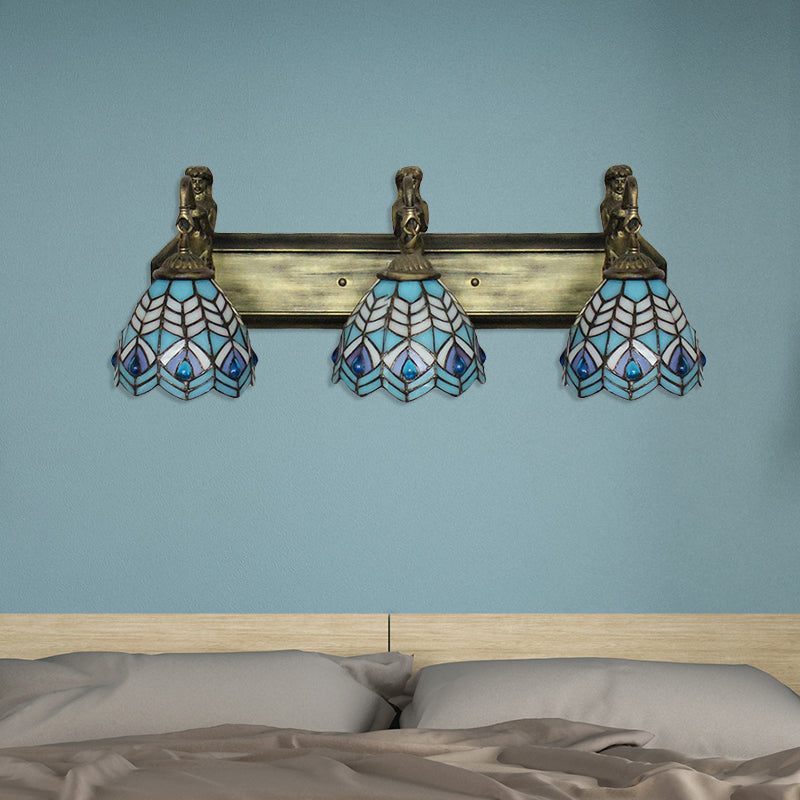 Peacock Tail Sconce Lighting Tiffany Stained Glass 3 Head Blue Wall Mounted Lighting, 6