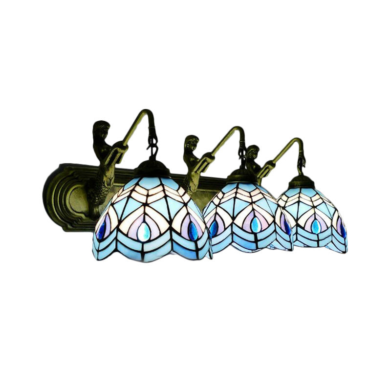 Peacock Tail Sconce Lighting Tiffany Stained Glass 3 Head Blue Wall Mounted Lighting, 6