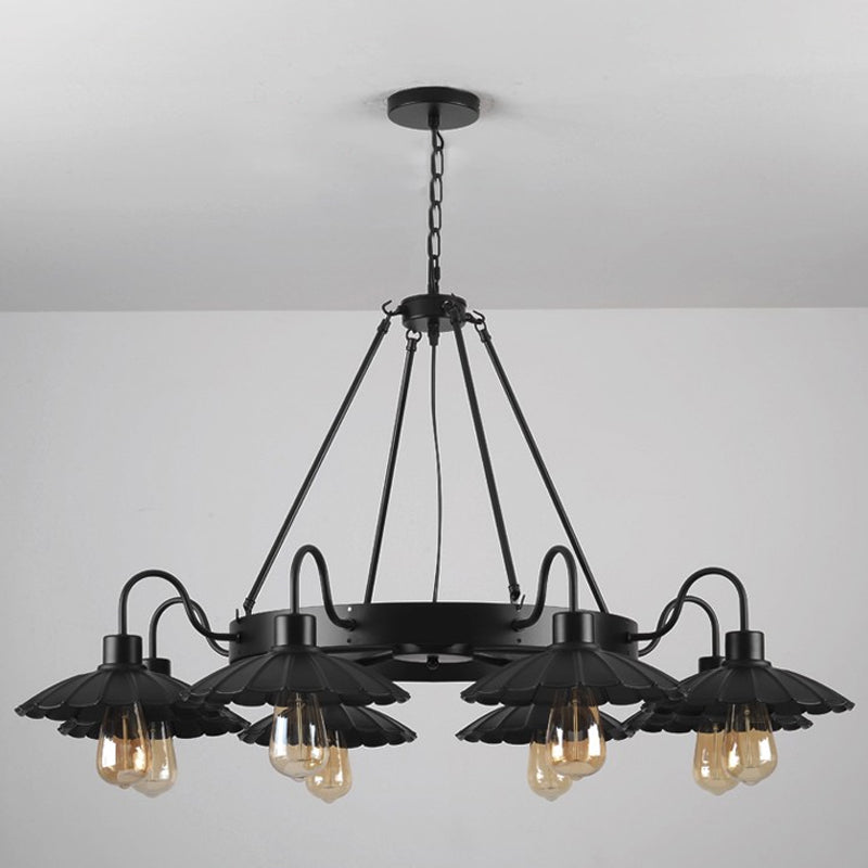 Farmhouse Style Scalloped Edge Chandelier Light 8 Heads Metal Pendant Lamp with Gooseneck Arm in Black Clearhalo 'Cast Iron' 'Ceiling Lights' 'Chandeliers' 'Industrial Chandeliers' 'Industrial' 'Metal' 'Middle Century Chandeliers' 'Rustic Chandeliers' 'Tiffany' Lighting' 1797113