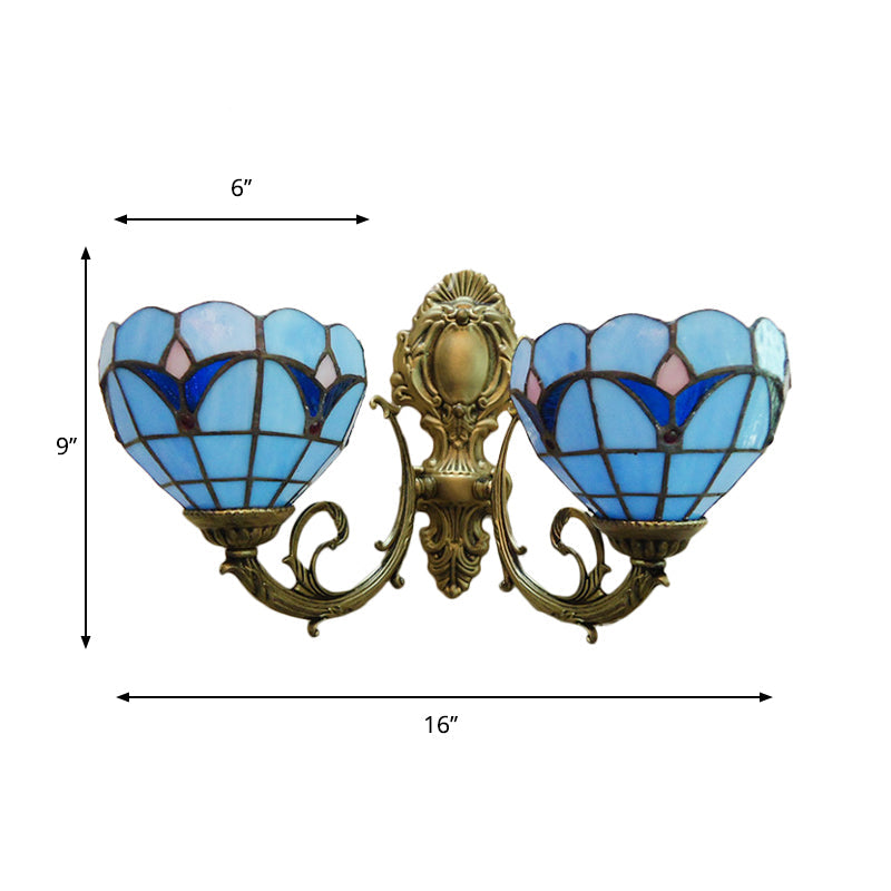 Stained Glass Bowl Wall Sconce Study Room 2 Lights Tiffany Traditional Wall Light in Blue/Clear Clearhalo 'Industrial' 'Middle century wall lights' 'Tiffany wall lights' 'Tiffany' 'Wall Lamps & Sconces' 'Wall Lights' Lighting' 179712