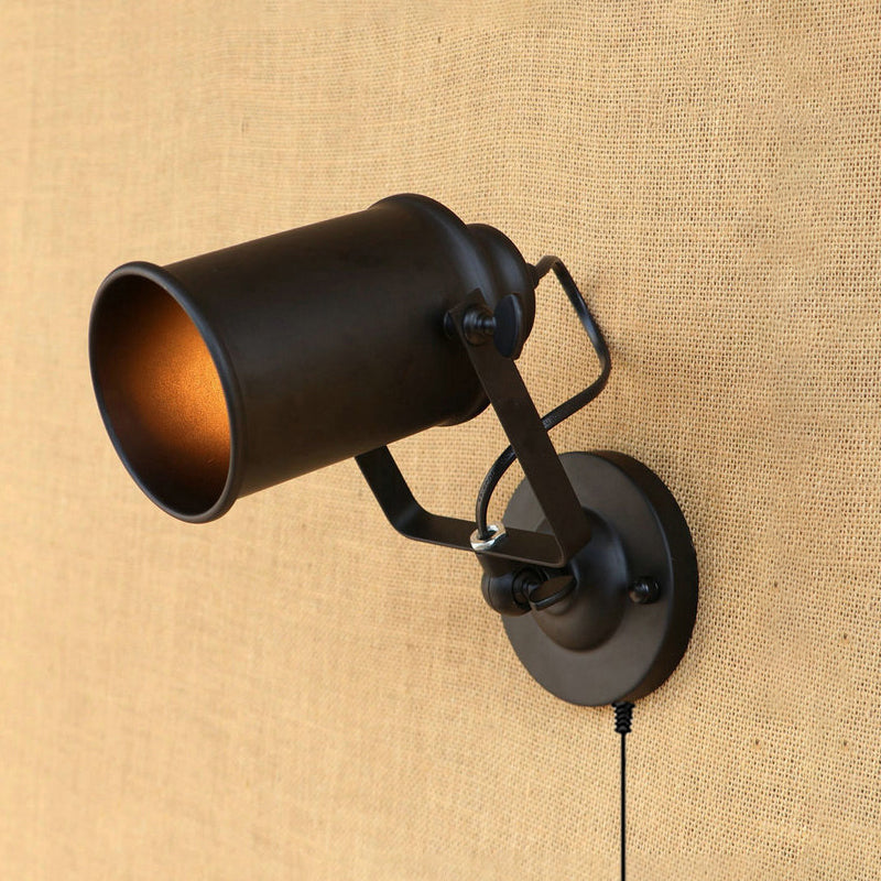 Matte Black 1 Head Wall Light Fixture Retro Style Metal Cylindrical Shade Adjustable Sconce Light with Plug-In Cord Clearhalo 'Art deco wall lights' 'Cast Iron' 'Glass' 'Industrial wall lights' 'Industrial' 'Middle century wall lights' 'Modern' 'Rustic wall lights' 'Tiffany' 'Traditional wall lights' 'Wall Lamps & Sconces' 'Wall Lights' Lighting' 1797123