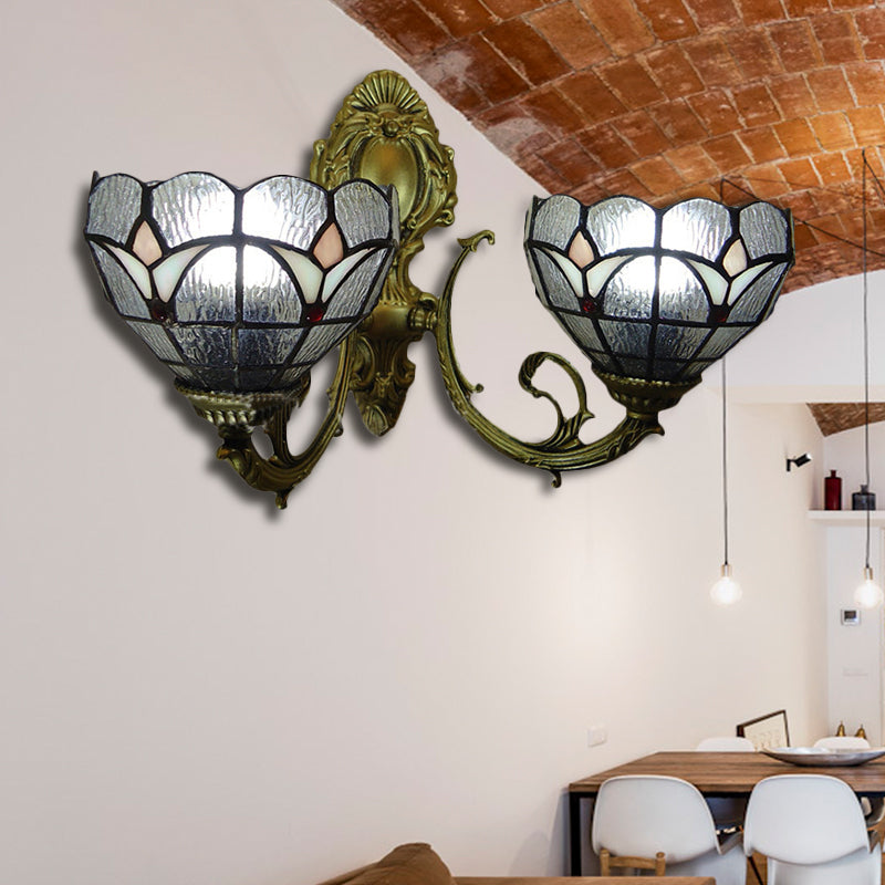 Stained Glass Bowl Wall Sconce Study Room 2 Lights Tiffany Traditional Wall Light in Blue/Clear Clear Clearhalo 'Industrial' 'Middle century wall lights' 'Tiffany wall lights' 'Tiffany' 'Wall Lamps & Sconces' 'Wall Lights' Lighting' 179713