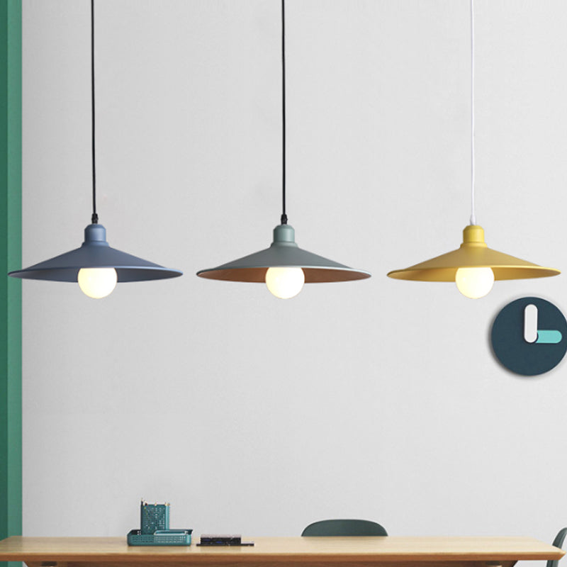 Shallow Cone Factory Hanging Lamp Metal Single Light Nordic Stylish Pendant Light Yellow Clearhalo 'Art Deco Pendants' 'Cast Iron' 'Ceiling Lights' 'Ceramic' 'Crystal' 'Industrial Pendants' 'Industrial' 'Metal' 'Middle Century Pendants' 'Pendant Lights' 'Pendants' 'Tiffany' Lighting' 1797201