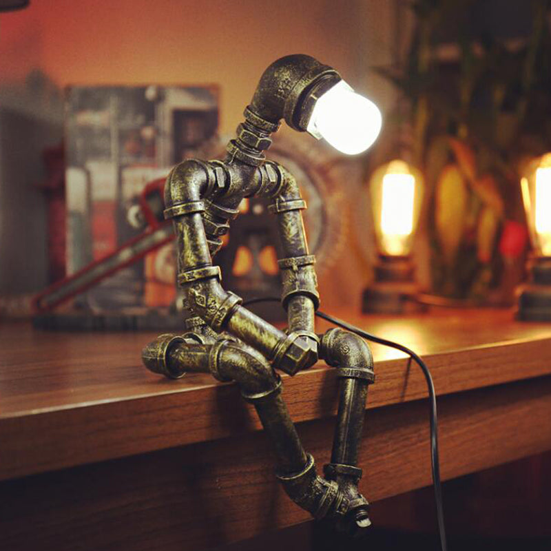 Antique Bronze Sitting Robot Table Lighting Industrial Style Metal 1 Light Bedroom Table Light with Pipe Clearhalo 'Lamps' 'Table Lamps' Lighting' 1797369