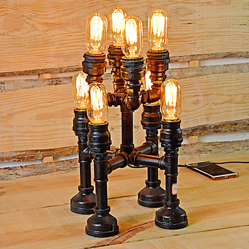 Steampunk Open Bulb Table Lamp Multi Light Metallic Table Lighting in Black for Restaurant, 8.5