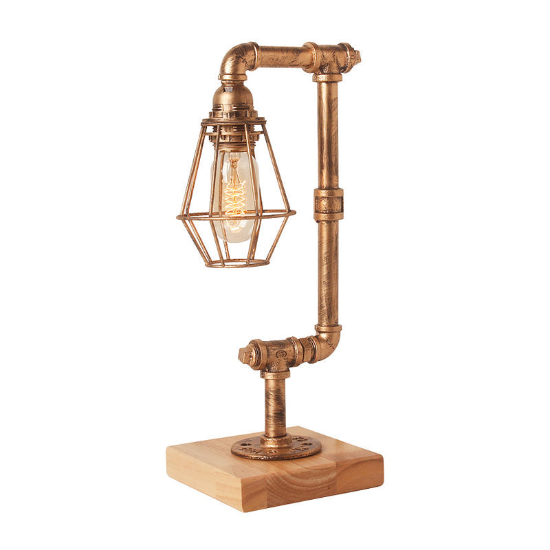 Industrial Piped Table Lamp 1 Head Metal Table Lighting with Wooden Base and Wire Guard in Bronze for Living Room Clearhalo 'Lamps' 'Table Lamps' Lighting' 1797410