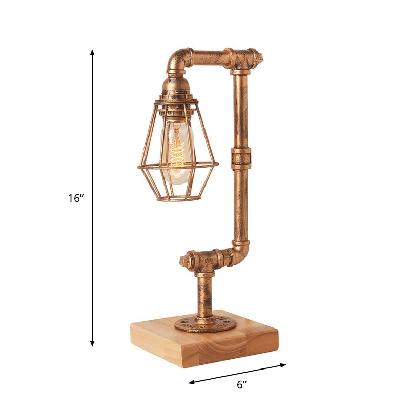 Industrial Piped Table Lamp 1 Head Metal Table Lighting with Wooden Base and Wire Guard in Bronze for Living Room Clearhalo 'Lamps' 'Table Lamps' Lighting' 1797411