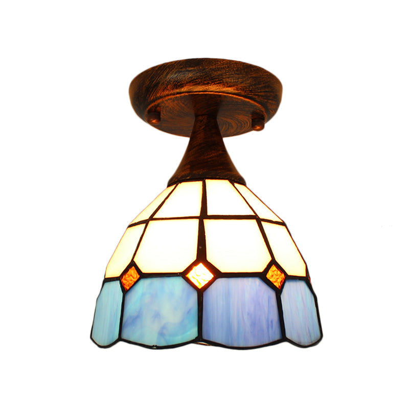 Mini Semi Flush Light with Stained Glass 1 Light Mediterranean Ceiling Light in Blue for Corridor Clearhalo 'Ceiling Lights' 'Close To Ceiling Lights' 'Close to ceiling' 'Glass shade' 'Glass' 'Pendant Lights' 'Semi-flushmount' 'Tiffany close to ceiling' 'Tiffany' Lighting' 179901