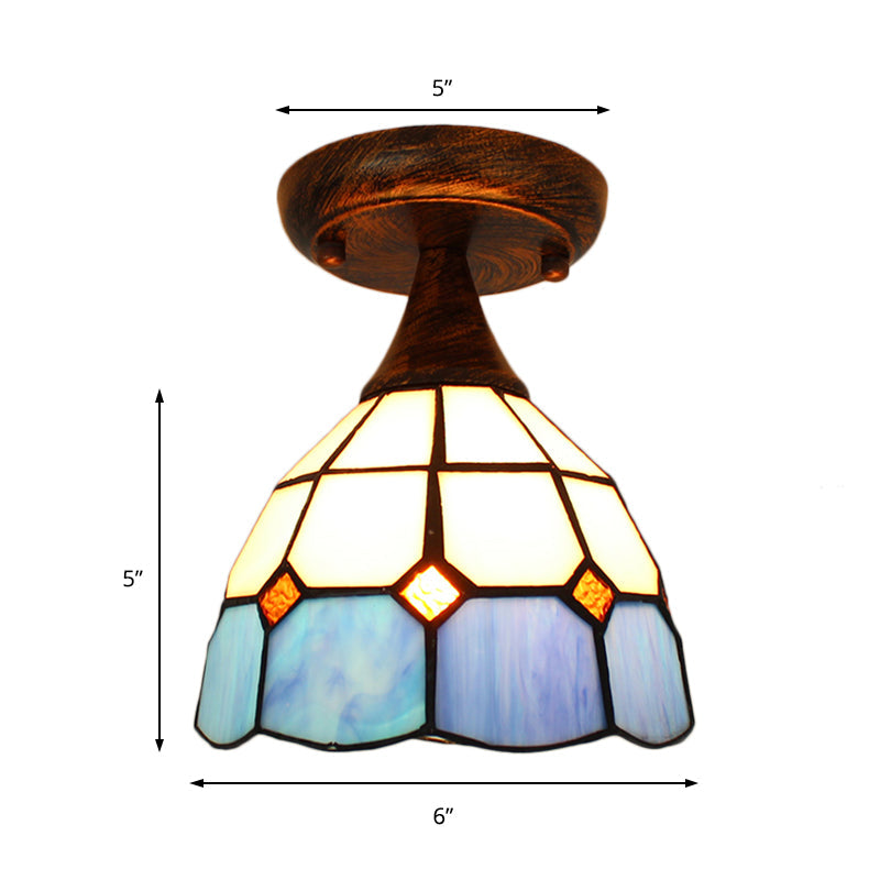 Mini Semi Flush Light with Stained Glass 1 Light Mediterranean Ceiling Light in Blue for Corridor Clearhalo 'Ceiling Lights' 'Close To Ceiling Lights' 'Close to ceiling' 'Glass shade' 'Glass' 'Pendant Lights' 'Semi-flushmount' 'Tiffany close to ceiling' 'Tiffany' Lighting' 179902