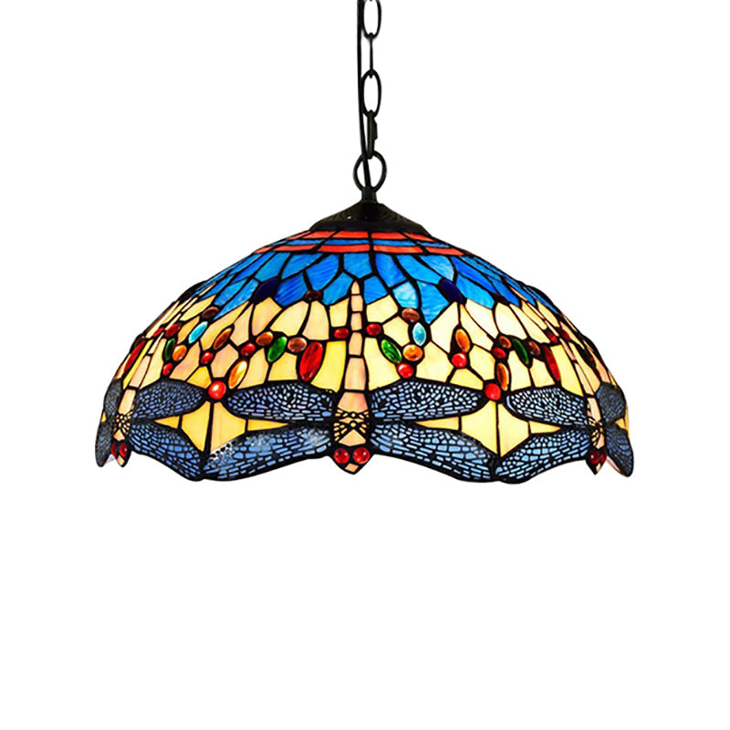 2 Heads Dragonfly Pendant Lighting Tiffany Yellow-Blue Stained Glass Hanging Ceiling Light for Living Room Clearhalo 'Ceiling Lights' 'Close To Ceiling Lights' 'Industrial' 'Middle Century Pendants' 'Pendant Lights' 'Pendants' 'Tiffany close to ceiling' 'Tiffany Pendants' 'Tiffany' Lighting' 179963