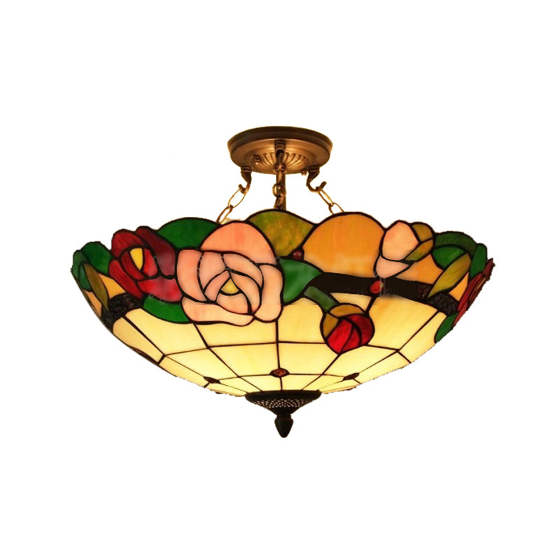 3 Bulbs Rose Semi Flushmount Stained Glass Tiffany Style Semi Flush Light for Living Room Clearhalo 'Ceiling Lights' 'Close To Ceiling Lights' 'Close to ceiling' 'Glass shade' 'Glass' 'Pendant Lights' 'Semi-flushmount' 'Tiffany close to ceiling' 'Tiffany' Lighting' 180027