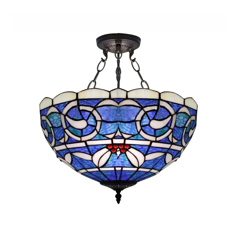 Inverted Semi Flushmount with Stained Glass Bowl Shade Tiffany Rustic 3 Lights Ceiling Light Clearhalo 'Ceiling Lights' 'Close To Ceiling Lights' 'Close to ceiling' 'Glass shade' 'Glass' 'Pendant Lights' 'Semi-flushmount' 'Tiffany close to ceiling' 'Tiffany' Lighting' 180042