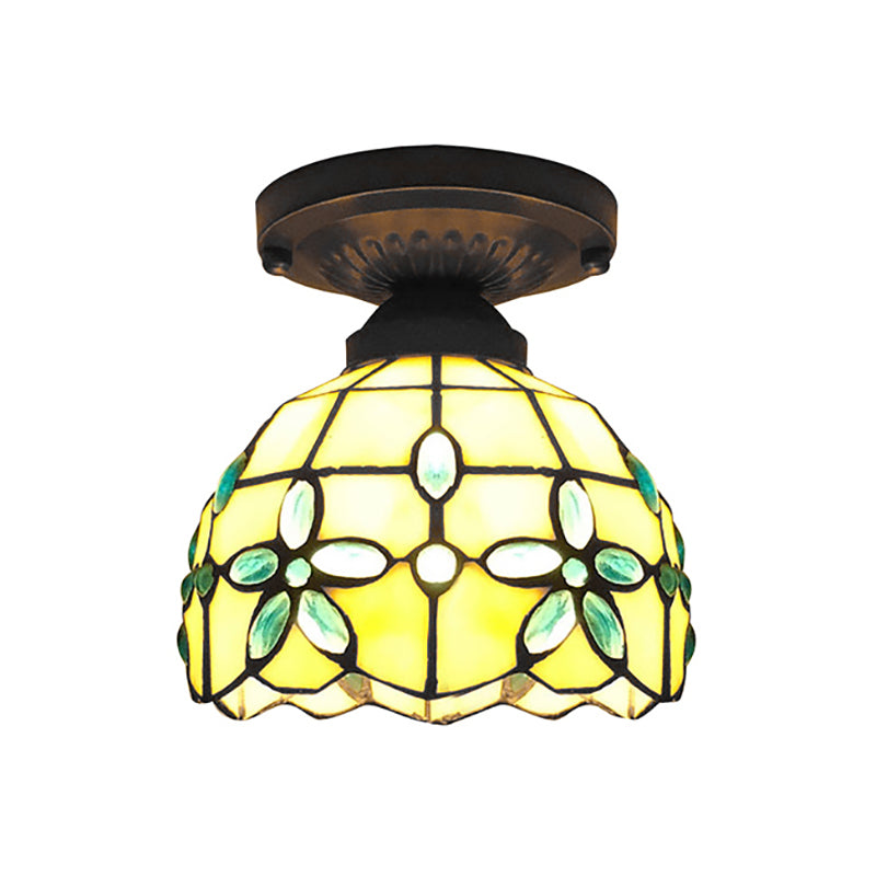 Mini Flush Ceiling Light with Crystal Flower Stained Glass Tiffany Flush Mount Light for Bedroom Clearhalo 'Ceiling Lights' 'Close To Ceiling Lights' 'Close to ceiling' 'Glass shade' 'Glass' 'Pendant Lights' 'Semi-flushmount' 'Tiffany close to ceiling' 'Tiffany' Lighting' 180046