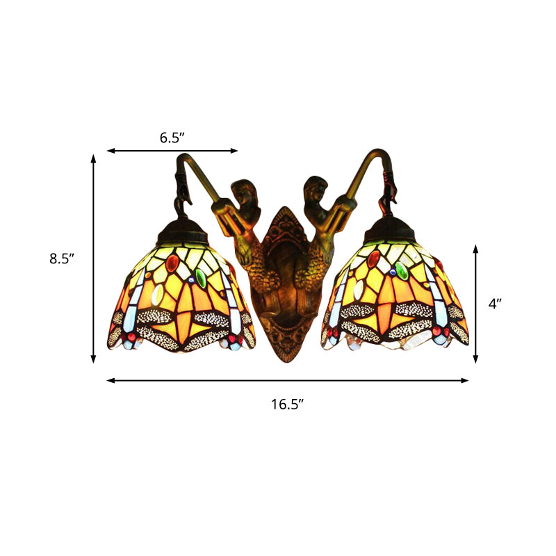 Dragonfly Wall Light Fixture 2 Heads Orange Glass Baroque Sconce Light with/No Switch Clearhalo 'Industrial' 'Middle century wall lights' 'Tiffany wall lights' 'Tiffany' 'Wall Lamps & Sconces' 'Wall Lights' Lighting' 180089