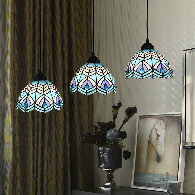 Hemisphere Cluster Pendant Light 3 Heads Blue Hand Cut Glass Mediterranean Suspended Lighting Fixture with Round/Linear Canopy Blue Linear Clearhalo 'Ceiling Lights' 'Industrial' 'Middle Century Pendants' 'Pendant Lights' 'Pendants' 'Tiffany close to ceiling' 'Tiffany Pendants' 'Tiffany' Lighting' 180160