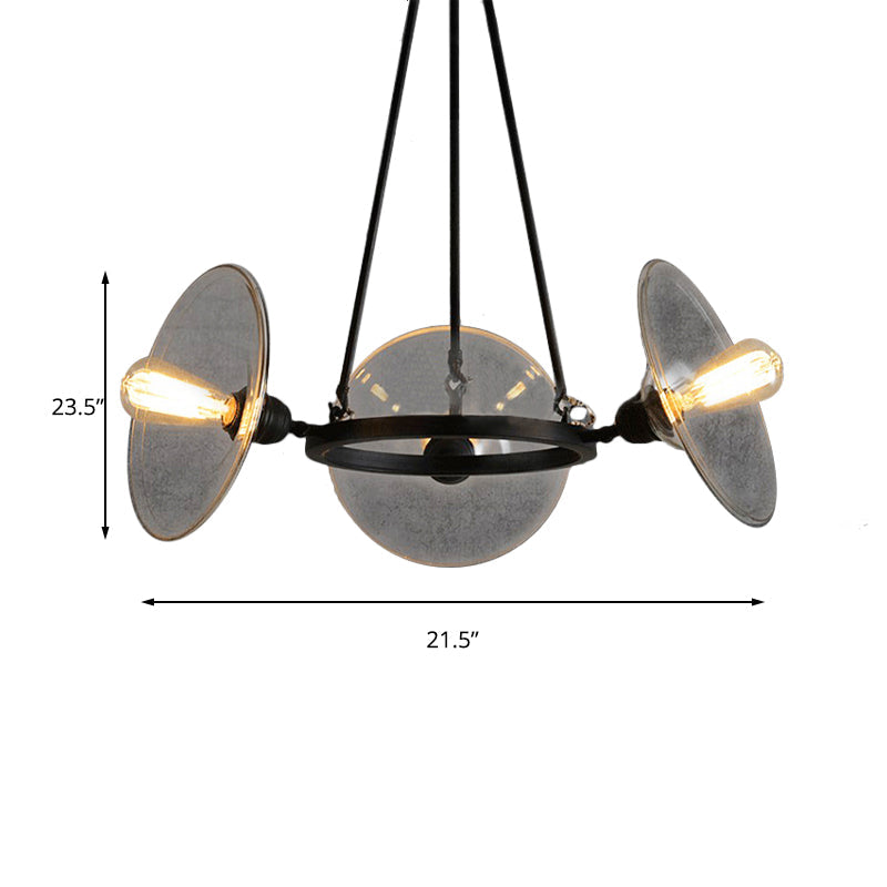 3-Light Disc Shade Chandelier Industrial Black Clear Glass Pendant Light Fixture for Living Room Clearhalo 'Ceiling Lights' 'Chandeliers' 'Glass shade' 'Glass' 'Industrial Chandeliers' 'Industrial' 'Middle Century Chandeliers' 'Pendant Lights' 'Tiffany' Lighting' 180211