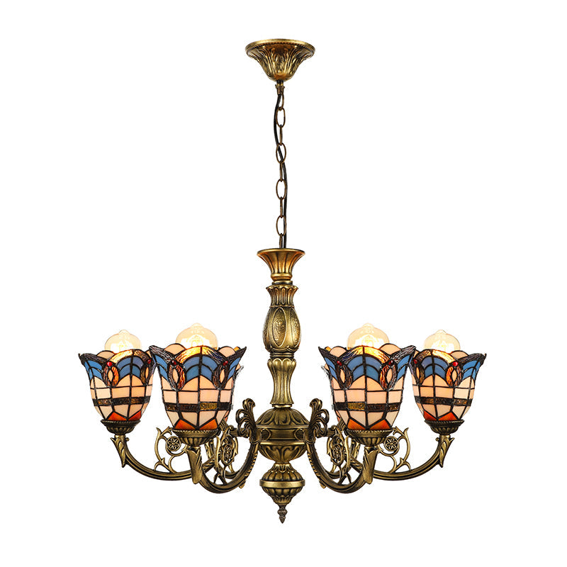 6 Lights Bell Chandelier Lighting with Baroque/Peacock Tail Design Vintage Stained Glass Pendant Lighting in Antique Bronze Clearhalo 'Ceiling Lights' 'Chandeliers' 'Close To Ceiling Lights' 'Industrial' 'Middle Century Chandeliers' 'Tiffany Chandeliers' 'Tiffany close to ceiling' 'Tiffany' Lighting' 180218