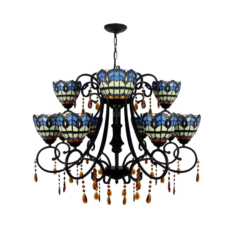 Bowl-Shaped Hanging Light Rustic Stained Glass 11 Lights Chandelier with Crystal in Blue for Dining Room Clearhalo 'Ceiling Lights' 'Chandeliers' 'Close To Ceiling Lights' 'Industrial' 'Middle Century Chandeliers' 'Tiffany Chandeliers' 'Tiffany close to ceiling' 'Tiffany' Lighting' 180310