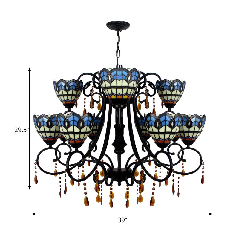 Bowl-Shaped Hanging Light Rustic Stained Glass 11 Lights Chandelier with Crystal in Blue for Dining Room Clearhalo 'Ceiling Lights' 'Chandeliers' 'Close To Ceiling Lights' 'Industrial' 'Middle Century Chandeliers' 'Tiffany Chandeliers' 'Tiffany close to ceiling' 'Tiffany' Lighting' 180311