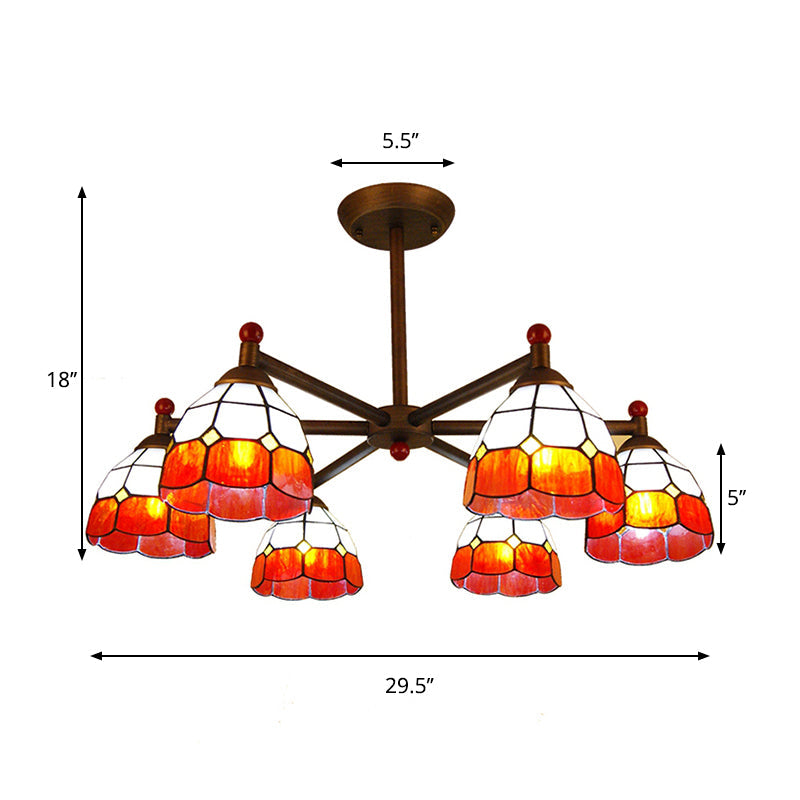 Domed Hanging Light Rustic Style Stained Glass 6 Lights Chandelier Light in Yellow/Red/Blue for Dining Room Clearhalo 'Ceiling Lights' 'Chandeliers' 'Glass shade' 'Glass' 'Industrial' 'Island Lights' 'Middle Century Chandeliers' 'Tiffany Chandeliers' 'Tiffany close to ceiling' 'Tiffany' Lighting' 180384