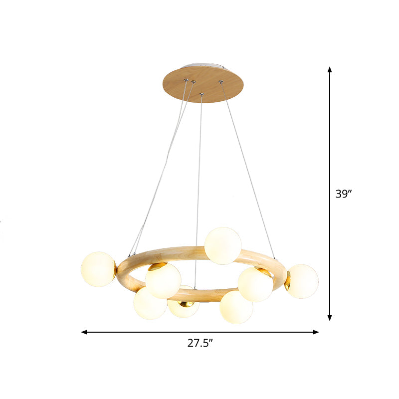 Beige Global Ceiling Lamp Modern 8/10 Bulbs Frosted Glass Pendant Chandelier with Wood Circular Design Clearhalo 'Carpenter Chandeliers' 'Ceiling Lights' 'Chandeliers' 'Industrial' 'Modern Chandeliers' 'Modern' Lighting' 1804452