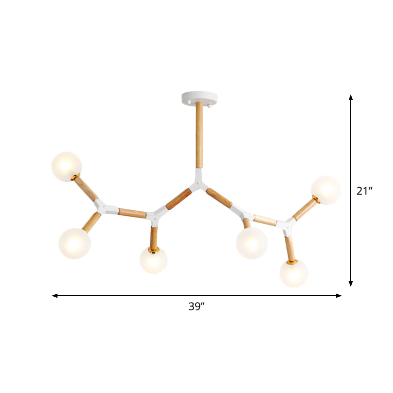 Branch Chandelier Lighting Simple Wood 6 Lights Beige Hanging Lamp Kit with Ball Frosted Glass Shade Clearhalo 'Carpenter Chandeliers' 'Ceiling Lights' 'Chandeliers' 'Industrial' 'Modern Chandeliers' 'Modern' Lighting' 1804528