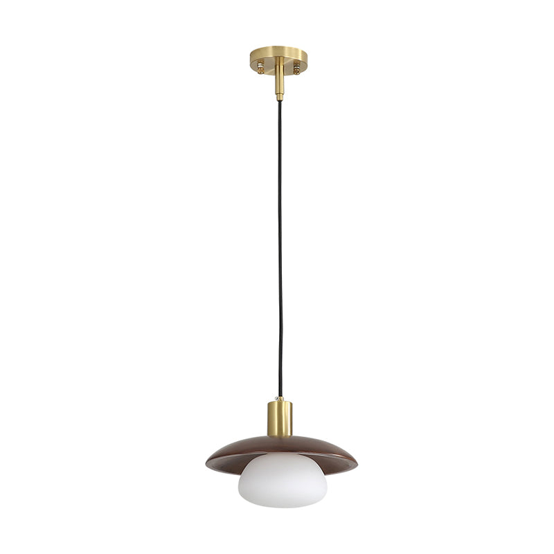 White Glass Ball/Bun Suspension Lamp Modernism 1 Light Down Lighting with Wood Saucer Top in Brown Clearhalo 'Ceiling Lights' 'Modern Pendants' 'Modern' 'Pendant Lights' 'Pendants' Lighting' 1804563