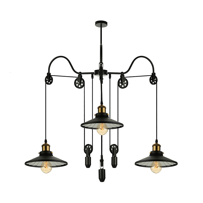 Black 3 Heads Pendant Light Industrial Metallic Flared Chandelier Lamp with Pulley and Cord for Living Room Clearhalo 'Cast Iron' 'Ceiling Lights' 'Chandeliers' 'Industrial Chandeliers' 'Industrial' 'Metal' 'Middle Century Chandeliers' 'Rustic Chandeliers' 'Tiffany' Lighting' 180494