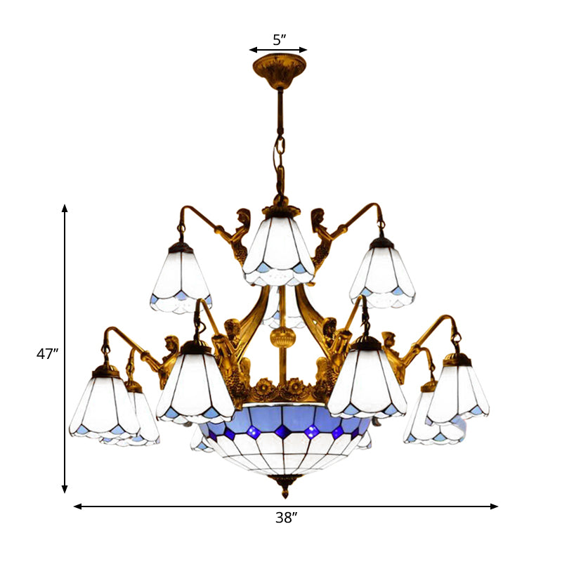 15 Lights Hanging Chandelier Tiffany Cone Stained Glass Pendant Light Fixture in White/Blue Clearhalo 'Ceiling Lights' 'Chandeliers' 'Industrial' 'Middle Century Chandeliers' 'Tiffany Chandeliers' 'Tiffany close to ceiling' 'Tiffany' Lighting' 180499