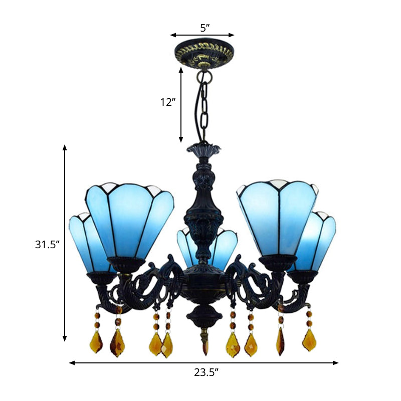 Tiffany Style Cone-Shaped Hanging Light Stained Glass 5 Lights Decorative Crystal Chandelier in Blue Clearhalo 'Ceiling Lights' 'Chandeliers' 'Industrial' 'Middle Century Chandeliers' 'Tiffany Chandeliers' 'Tiffany close to ceiling' 'Tiffany' Lighting' 180630