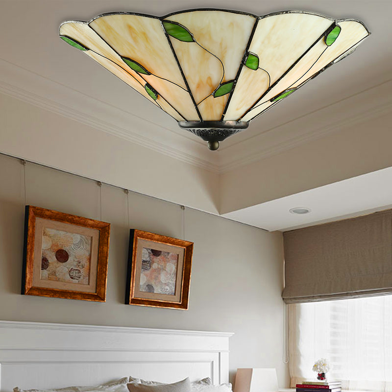 Green Leaf Decoration Flush Lighting Rustic 3 Lights Stained Glass Flush Ceiling Light for Foyer White Clearhalo 'Ceiling Lights' 'Close To Ceiling Lights' 'Close to ceiling' 'Glass shade' 'Glass' 'Semi-flushmount' 'Tiffany close to ceiling' 'Tiffany' Lighting' 180679