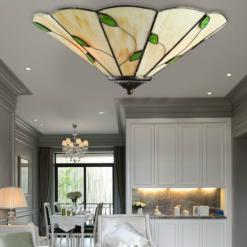 Green Leaf Decoration Flush Lighting Rustic 3 Lights Stained Glass Flush Ceiling Light for Foyer Clearhalo 'Ceiling Lights' 'Close To Ceiling Lights' 'Close to ceiling' 'Glass shade' 'Glass' 'Semi-flushmount' 'Tiffany close to ceiling' 'Tiffany' Lighting' 180680