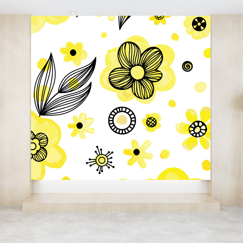 Flower and Leaf Print Mural Modern Waterproof Girls Bedroom Wall Art, Custom Size Clearhalo 'Wall Decor' 'Wall Mural' 1807300