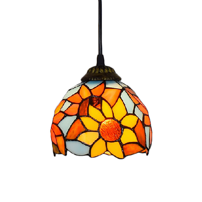 Antique Bronze Sunflower Pendant Lighting Tiffany 1 Bulb Stained Glass Hanging Ceiling Light Clearhalo 'Ceiling Lights' 'Chandeliers' 'Industrial' 'Middle Century Pendants' 'Pendant Lights' 'Pendants' 'Tiffany close to ceiling' 'Tiffany Pendants' 'Tiffany' Lighting' 180823