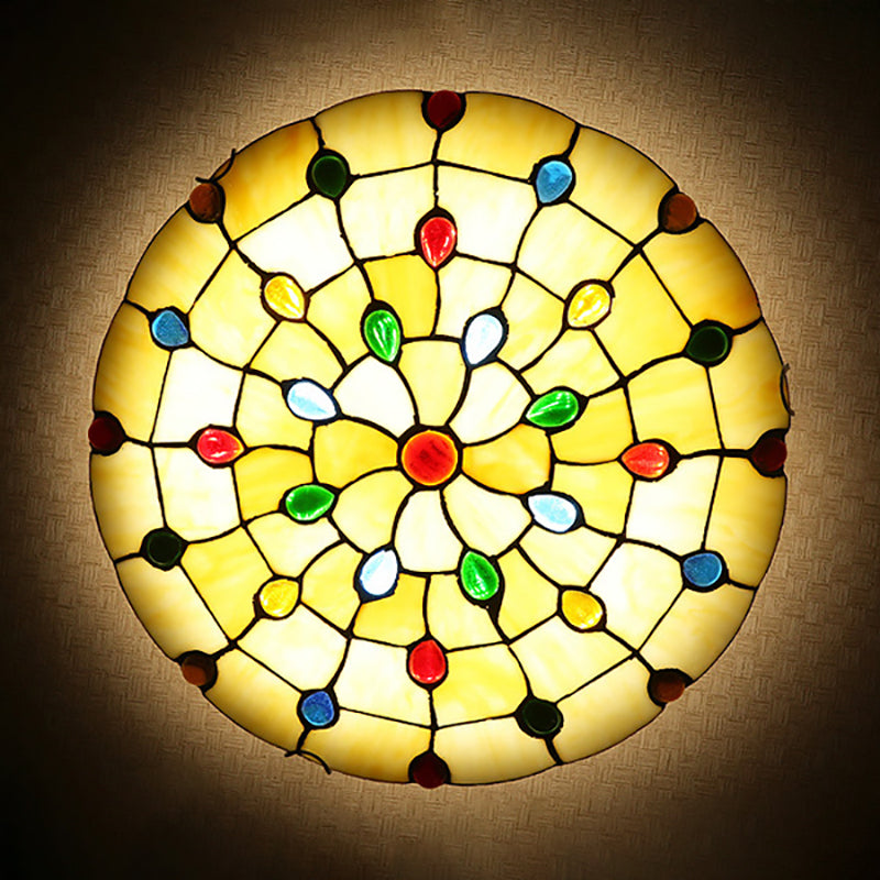 Beige/Yellow Bowl Flush Mount Light Rustic Loft Stained Glass 12