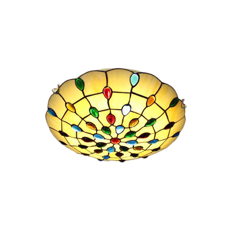 Beige/Yellow Bowl Flush Mount Light Rustic Loft Stained Glass 12